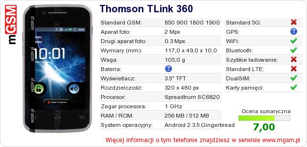 Dane telefonu Thomson TLink 360 Dane telefonu Thomson TLink 360