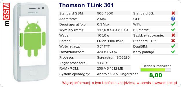 Dane telefonu Thomson TLink 361