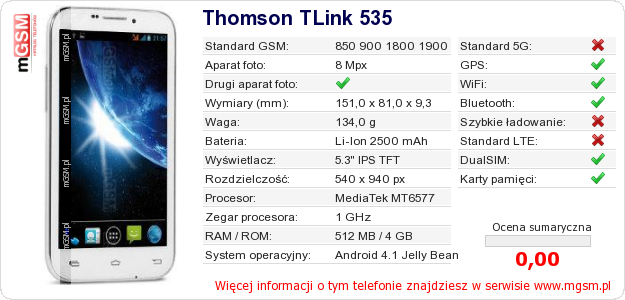Dane telefonu Thomson TLink 535 Dane telefonu Thomson TLink 535