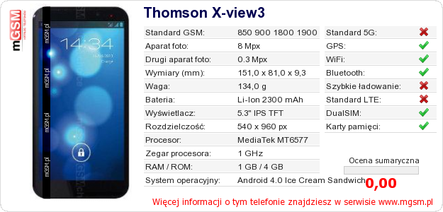 Dane telefonu Thomson X-view3 Dane telefonu Thomson X-view3