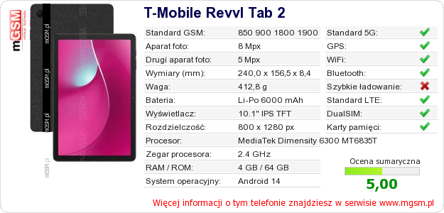 Dane telefonu T-Mobile Revvl Tab 2