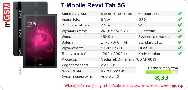 Dane telefonu T-Mobile Revvl Tab 5G