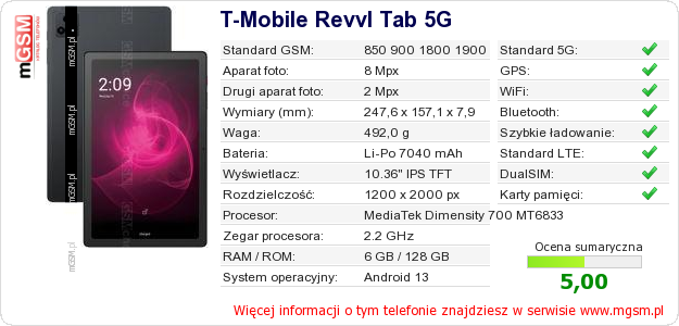 Dane telefonu T-Mobile Revvl Tab 5G