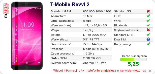 Dane telefonu T-Mobile Revvl 2
