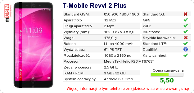 Dane telefonu T-Mobile Revvl 2 Plus