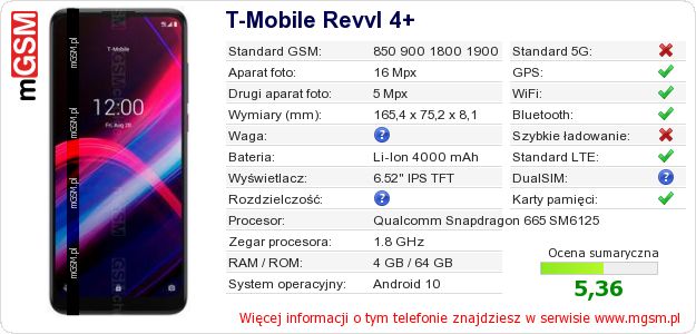 Dane telefonu T-Mobile Revvl 4+