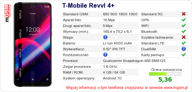 Dane telefonu T-Mobile Revvl 4+