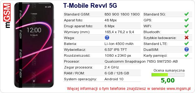 Dane telefonu T-Mobile Revvl 5G