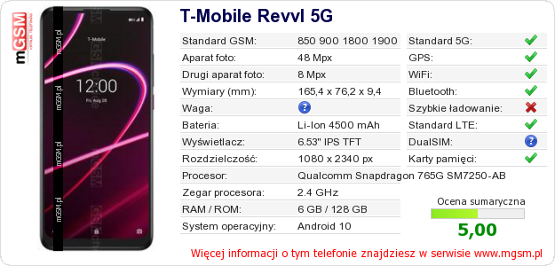 Dane telefonu T-Mobile Revvl 5G Dane telefonu T-Mobile Revvl 5G