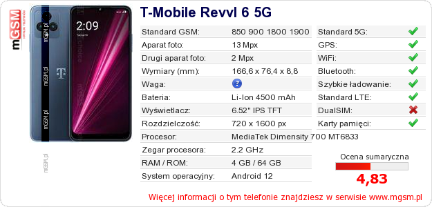 Dane telefonu T-Mobile Revvl 6 5G Dane telefonu T-Mobile Revvl 6 5G
