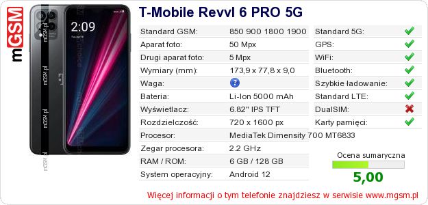 Dane telefonu T-Mobile Revvl 6 PRO 5G