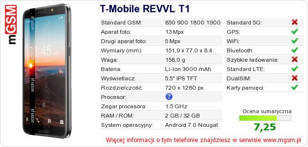 Dane telefonu T-Mobile REVVL T1 Dane telefonu T-Mobile REVVL T1