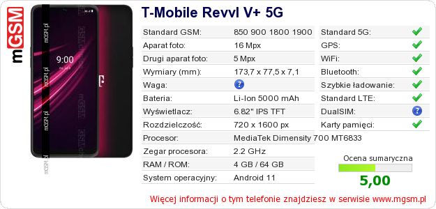 Dane telefonu T-Mobile Revvl V+ 5G