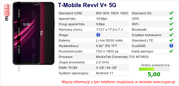 Dane telefonu T-Mobile Revvl V+ 5G