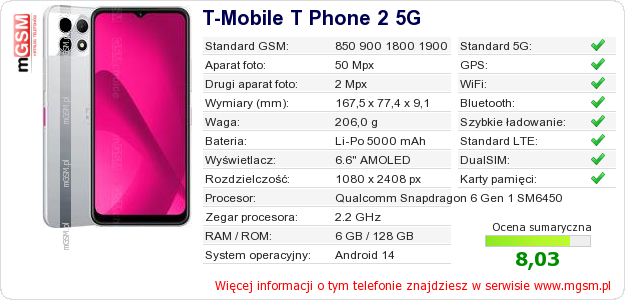 Dane telefonu T-Mobile T Phone 2 5G Dane telefonu T-Mobile T Phone 2 5G
