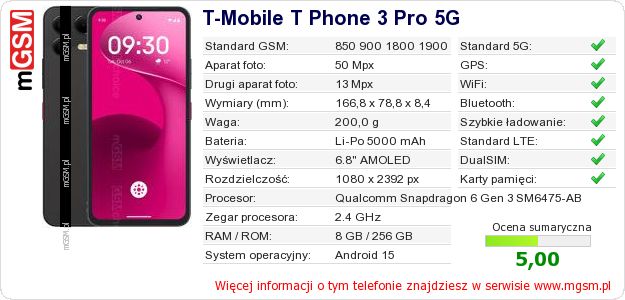 Dane telefonu T-Mobile T Phone 3 Pro 5G