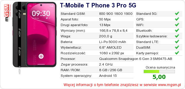 Dane telefonu T-Mobile T Phone 3 Pro 5G Dane telefonu T-Mobile T Phone 3 Pro 5G