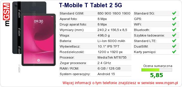 Dane telefonu T-Mobile T Tablet 2 5G Dane telefonu T-Mobile T Tablet 2 5G
