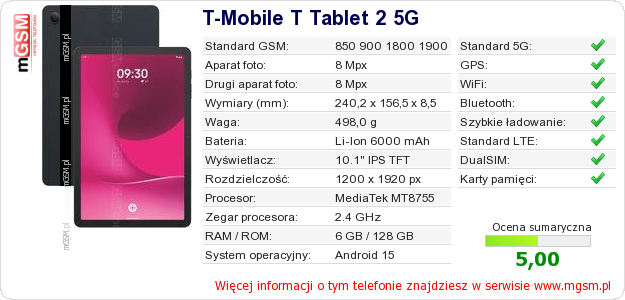 Dane telefonu T-Mobile T Tablet 2 5G