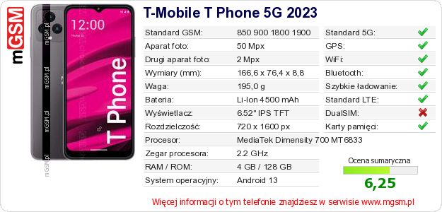Dane telefonu T-Mobile T Phone 5G 2023