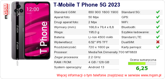 Dane telefonu T-Mobile T Phone 5G 2023
