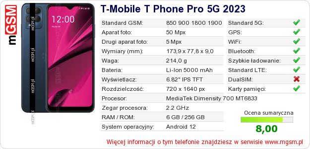 Dane telefonu T-Mobile T Phone Pro 5G 2023