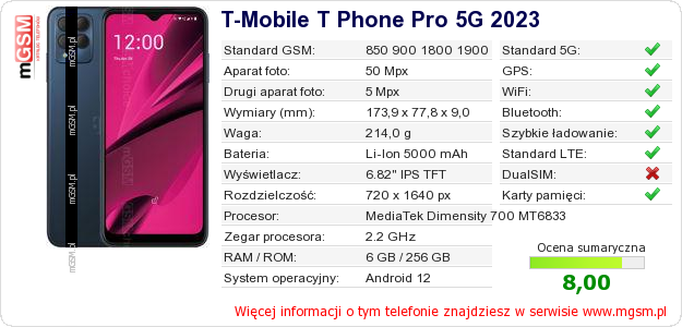 Dane telefonu T-Mobile T Phone Pro 5G 2023