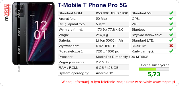Dane telefonu T-Mobile T Phone Pro 5G