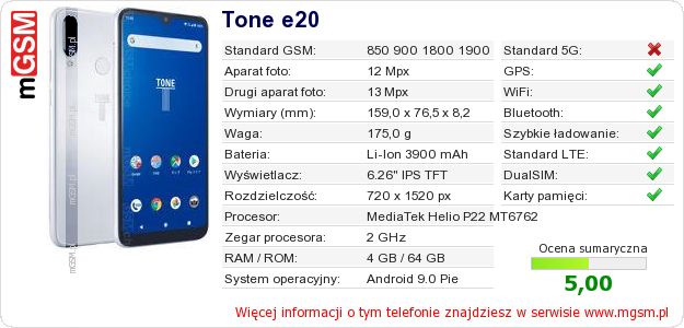 Dane telefonu Tone e20