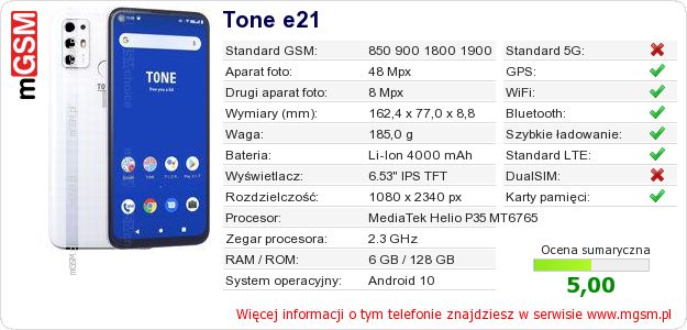 Dane telefonu Tone e21