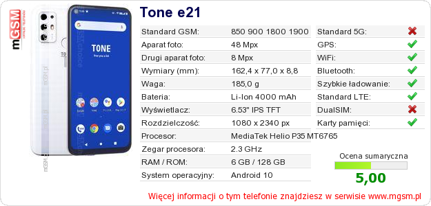 Dane telefonu Tone e21