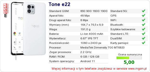 Dane telefonu Tone e22 Dane telefonu Tone e22