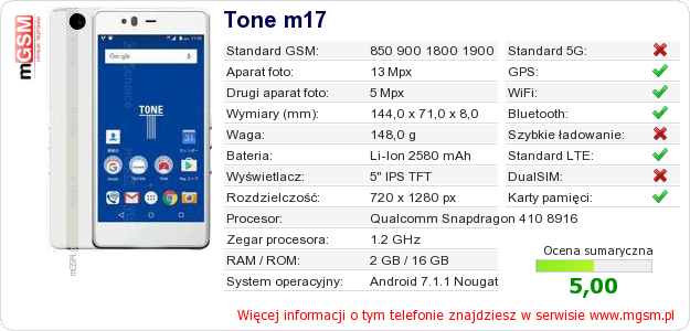 Dane telefonu Tone m17