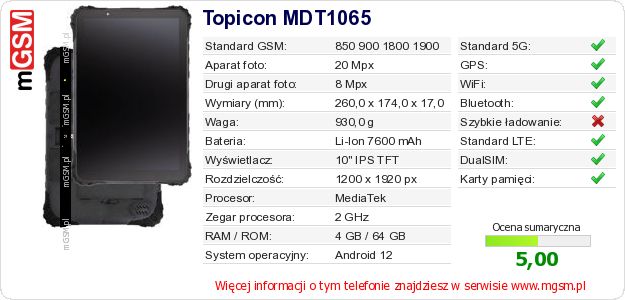 Dane telefonu Topicon MDT1065