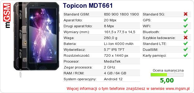 Dane telefonu Topicon MDT661