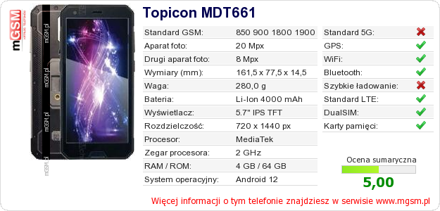 Dane telefonu Topicon MDT661