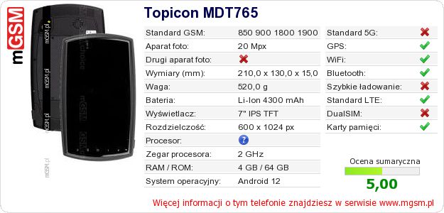 Dane telefonu Topicon MDT765