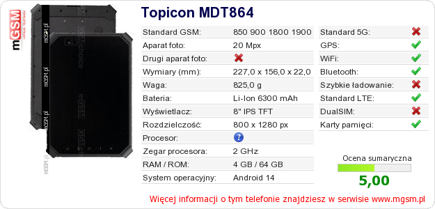 Dane telefonu Topicon MDT864