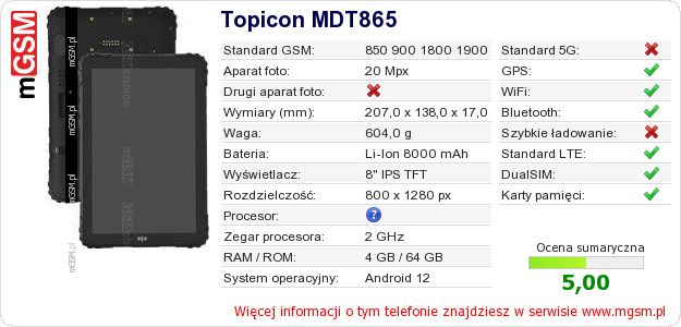 Dane telefonu Topicon MDT865