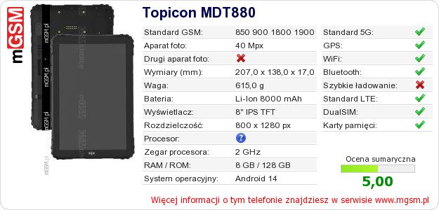 Dane telefonu Topicon MDT880