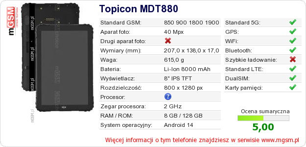 Dane telefonu Topicon MDT880