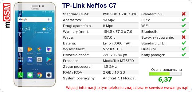 Dane telefonu TP-Link Neffos C7 Dane telefonu TP-Link Neffos C7