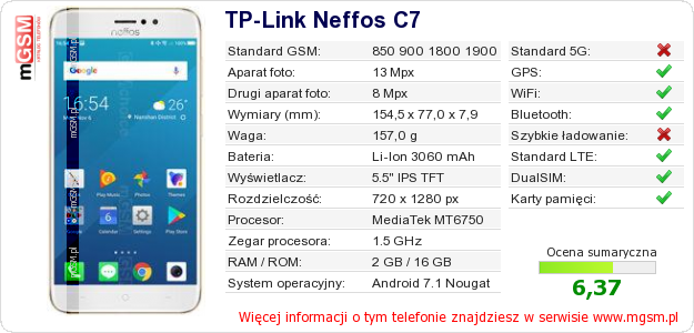 Dane telefonu TP-Link Neffos C7