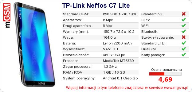 Dane telefonu TP-Link Neffos C7 Lite Dane telefonu TP-Link Neffos C7 Lite