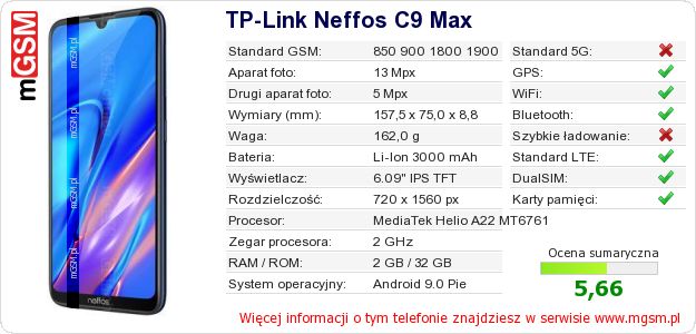 Dane telefonu TP-Link Neffos C9 Max Dane telefonu TP-Link Neffos C9 Max
