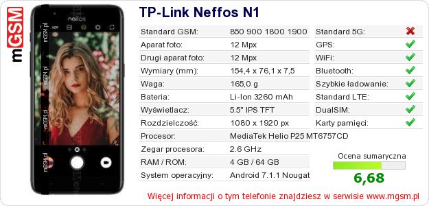 Dane telefonu TP-Link Neffos N1