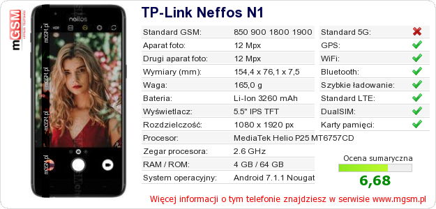 Dane telefonu TP-Link Neffos N1