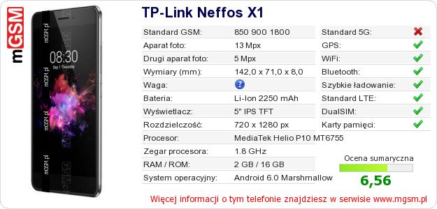 Dane telefonu TP-Link Neffos X1 Dane telefonu TP-Link Neffos X1