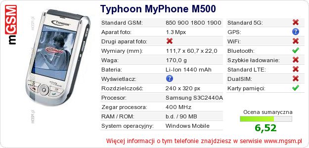 Dane telefonu Typhoon MyPhone M500