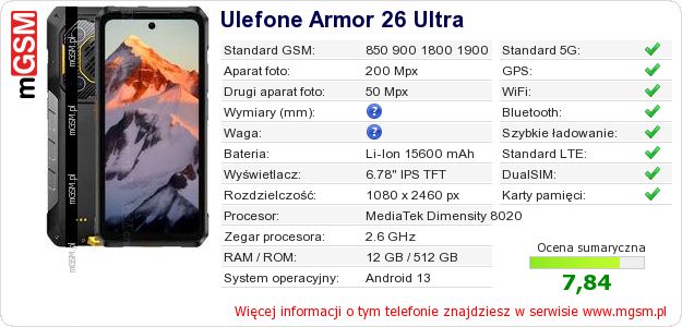 Dane telefonu Ulefone Armor 26 Ultra Dane telefonu Ulefone Armor 26 Ultra